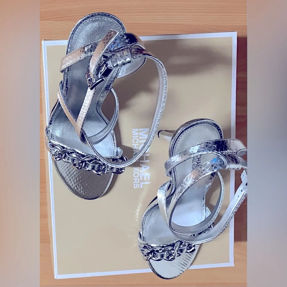 Michael Kors Silver High Heel Leather Sandal - Chain Front/Strappy/Size 7